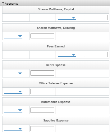 T Accounts Sharon Matthews, Capital Sharon Matthews, Drawing Fees Earned Rent Expense Office Salaries Expense Automobile Expe