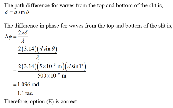 The path difference for waves from the top and bottom of the slit is, The difference in phase for waves from the top and bottom of the slit is, 2(3.14)1d sin 6) 2(3.14)(5x10-5 mld sin 1° 500x10-9 m 1.096 rad -1.1 rad Therefore, option (E) is correct.