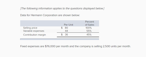 The following information applies to the questions displayed below Data for Hermann Corporation are shown below Per Unit $ 80 Selling price Variable expenses Contribution margin of Sales 100% 55% 45% $ 36 Fixed expenses are $76,000 per month and the company is selling 2,500 units per month