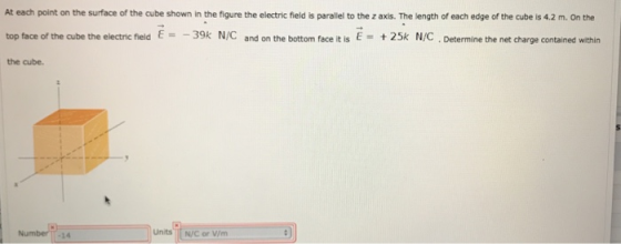 At each point on the surface of the cube shown in the figure the electric field is parallel to the z axis. The length of each edge of the cube is 4.2 m. On the top face of the cute the electric field E =-39k N/C and on the bottom face it is E = + 25k N/C . Determine the net charge contained within the cube. Units I N/C or V/m 14