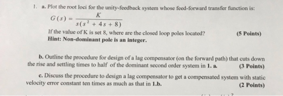 1. a. Plot the root loci for the unity-feedback system whose feed-forward transfer function is: K G(s) = s(s? +48 + 8) If the