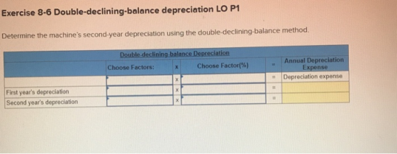 Exercise 8-6 Double-declining-balance depreciation LO P1 Determine the machines second-year depreciation using the double-de