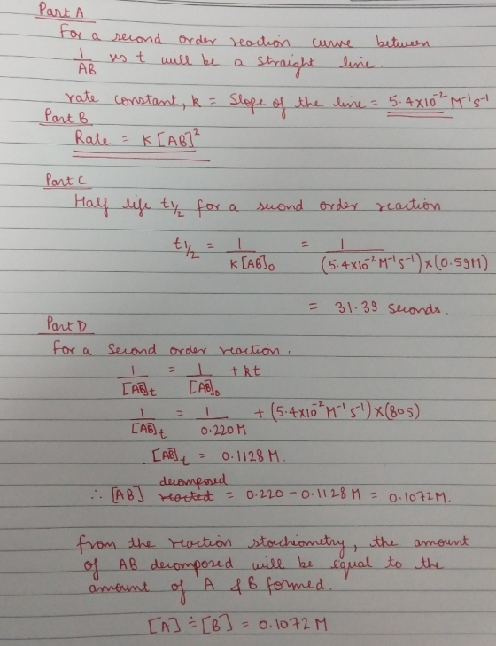 Pant A or a erand AB t un Rate KLA1 2 K LAB 31-39-Seconds = ant D for a Serond order rroction = 1 tkt. At CAS [A司 the ameunt wal to t oud ull be A 3162 0.l032 M