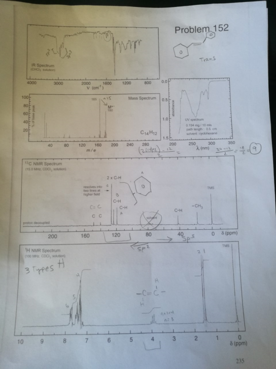 Problem 152 Trans IR Spectrum (CHCl solution 4000 3000 2000 v (cm 1600 ) 1200 8000 165 IS Mass Spectrum M . 180 of base peak