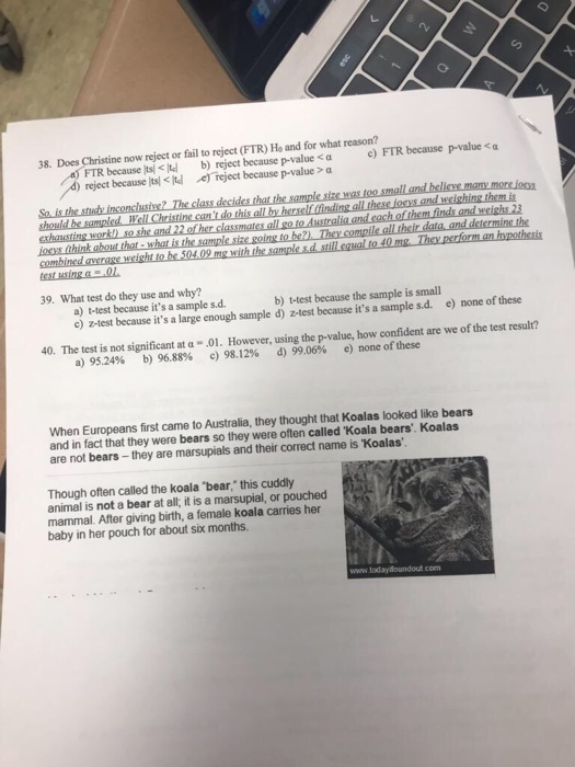Co 38. Does Christine now reject or fail to reject (FTR) Ho and for what reason? FTR because isl<\td b) reject because p-value< α reject because s) reject because p-value >a c) FTR because p-value<a weighs 23 data, and determine the 39. What test do they use and why? a) t-test because its a sample s.d. c) z-test because its a large enough sample d) z-test because its a sample s.d. b) t-test because the sample is small e) none of these 40. The test is not significant at α-.01. However, using the p-value, how confident are we of the test result? a) 95.24% b) 96.88% c) 98.12% d) 99.06% e) none of these When Europeans first came to Australia, they thought that Koalas looked like bears and in fact that they were bears so they were often called Koala bears. Koalas are not bears-they are marsupials and their correct name is Koalas Though often called the koala bear, this cuddly animal is not a bear at all; it is a marsupial, or pouched mammal. After giving birth, a female koala carries her baby in her pouch for about six months wwwtoda