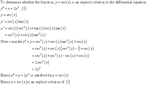 To determine whether the function,y= sec(x), is an explicit solution to the differential equation y +y= 2V3 (1) y-sec (x) y