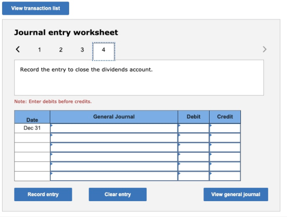 View transaction list Journal entry worksheet < 1 2 3 Record the entry to close the dividends account. Note: Enter debits bef