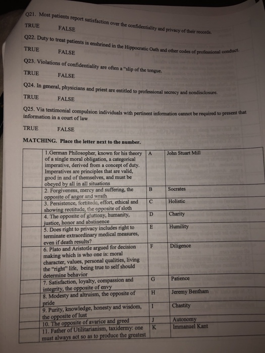 Q21. Most patients report satisfaction over the confidentiality and privacy of their records TRUE FALSE Q22. Duty to treat pa