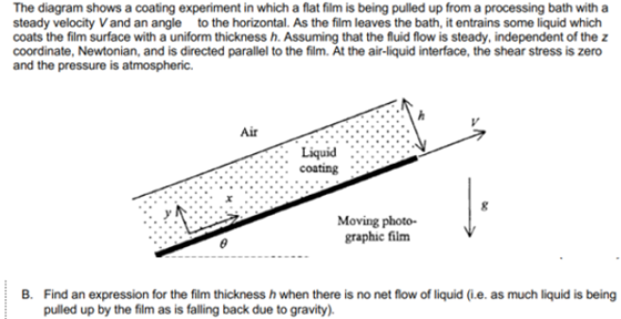 steady velocity Vand an angle to the horizontal. As the film leaves the bath, it entrains some liquid which coats the film surface with a uniform thickness h. Assuming that the fluid flow is steady, independent of the z and the pressure is atmospheric Air Liquid....-. coating Moving photo- graphic film B. Find an expression for the film thickness h when there is no net flow of liquid (ie. as much liquid is being pulled up by the film as is falling back due to gravity).