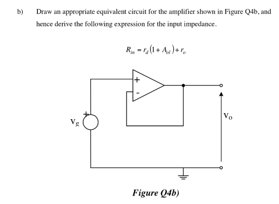 b) Draw an appropriate equivalent circuit for the amplifier shown in Figure Q4b, and hence derive the following expression for the input impedance + Ir Figure Q4b)