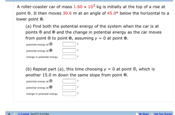 A roller-coaster car of mass 1.60 x 103 kg is initially at the top of a rise at point . It then moves 30.6 m at an angle of 4