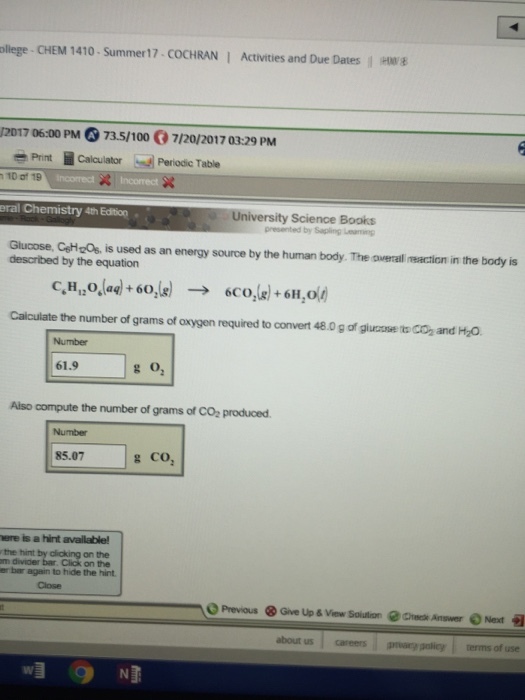 Glucose C 6H 12O 6 Is Used As An Energy Source By The Human Body The 