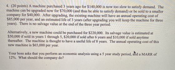 4. (20 points) A machine purchased 3 years ago for $140,000 is now too slow to satisfy demand. The machine can be upgraded no