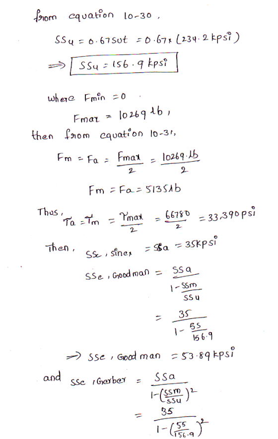 from cquation 10-30, SSŲ = 0.67Sut -0.67x (234.2 kpsi) - SS4 = 156.9 kpsi | where Fmin zo Fmax = 10269.461 then from cquation
