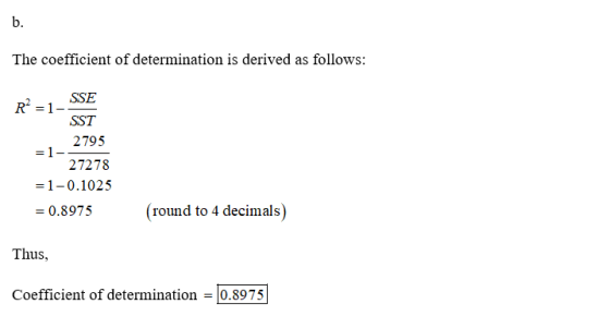 b. The coefficient of determination is derived as follows: R? =1 - SSE SST =1- 2795 27278 =1-0.1025 = 0.8975 (round to 4 deci