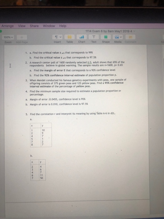 Arrange View Share Window Help 1114 Exam 6 by 8am May1 2019 4 Insert Table Chart Text Shape Media Zoom Add Pag a. Find the cr
