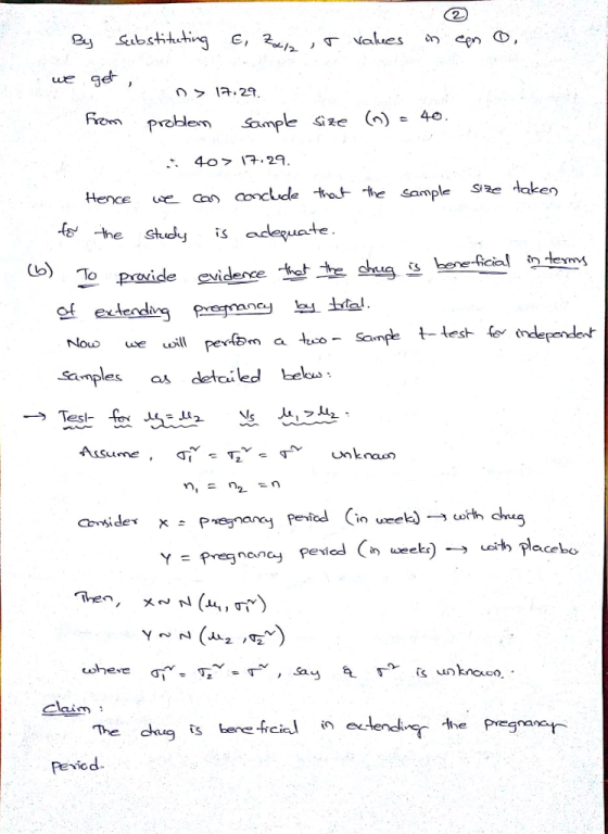 2 we problem Sample <ize 40 . 40.29 he sdy is adequete () To dence extending Pregnancy-dial Nou we oill rea Samples a detciled bekus Then clai : eend the Pregaer Period
