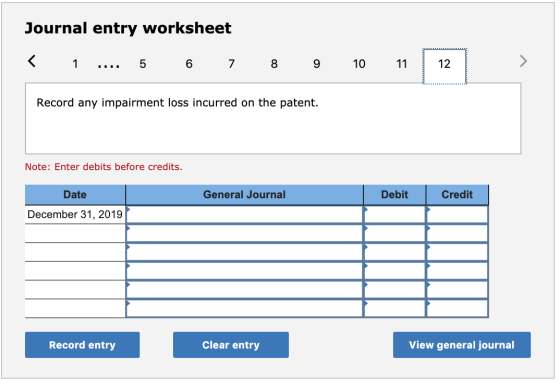 Journal entry worksheet > 12 1 5 7 10 11 Record any impairment loss incurred on the patent. Note: Enter debits before credits