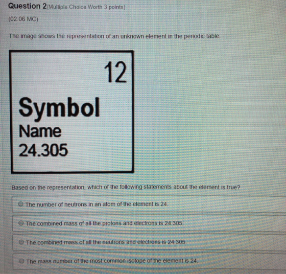 Question 2 (Multiple Choice Worth 3 points) (02.06 MC) The image shows the representation of an unknown element in the period