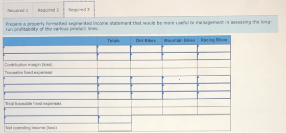 Required 2 Required 3 Required 1 Prepare a properly formatted segmented income statement that would be more useful to managem