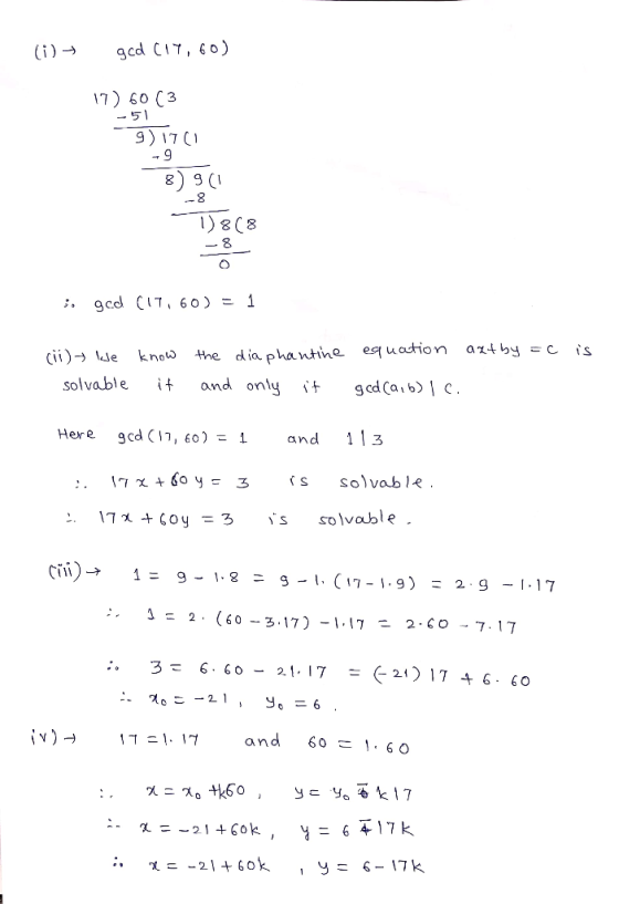 17) 60 C3 -51 9) 17 C :, gcd (17,60)ニ 1 solvable and only i gcdCarbc Here gcd (17,60)=1 and 113 solvable. 17χ+60y-3 i s = г.