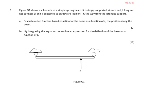 ME2045 Figure Q1 shows a schematic of a simple sprung beam. It is simply supported at each end, L long and has stiffness El and is subjected to an upward load of F, 1. the way from the left hand support. a) Evaluate a step function based equation for the beam as a function of z, the position along the beam. 17] b) By integrating this equation determine an expression for the deflection of the beam as a function of z [13] Figure Q1