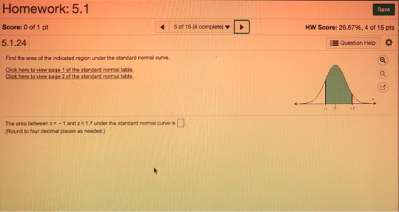 Homework: 5.1 Score: 0 of 1 pt 5.1.24 Save 5 of 15 (4 complete) Hw Score: 26.67%, 4 of 15 pts Question Help Find the area of the indicated region under the standard normal curve Click here to view Rage 1 of the standard normal table Click here to view page 2 of the stand table. The area between z-and z = 1.7 under the standard normal curve is Round to four decimal places as needed.)