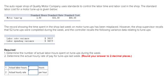 The auto repair shop of Quality Motor Company uses standards to control the labor time and labor cost in the shop. The standa