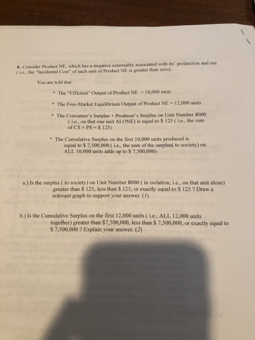 6. Consider Product NE, which has a negative externality associated with its production and use (ie, the Incidental Cost of
