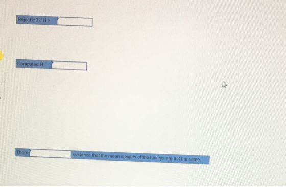 Reject HO if H> Computed H= There evidence that the mean weights of the turkeys are not the same