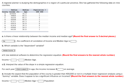 A regional planner is studying the demographics in a region of a particular province. She has gathered the following data on