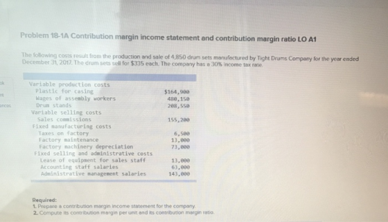 Problem 18-1A Contribution margin income statement and contribution margin ratio LO A1 The following costs result from the pr