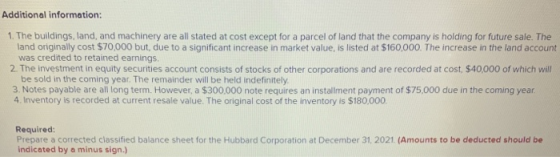 Additional information: 1. The buildings, land, and machinery are all stated at cost except for a parcel of land that the com