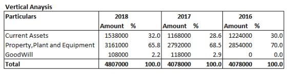 Vertical Anaysis Particulars 2018 Amount % Current Assets 1538000 Property, plant and Equipment 3161000 Goodwill 108000 Total