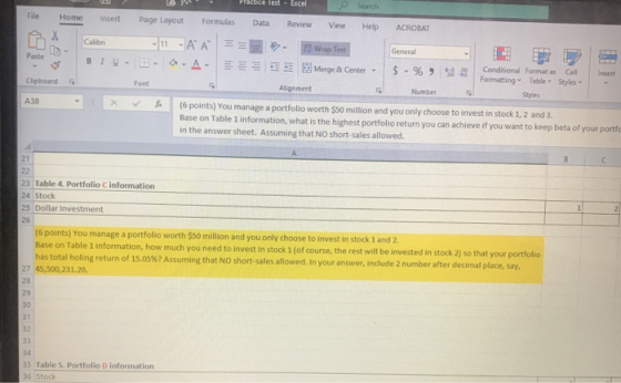 Search Practice Test Excel Les File Home Insert Page Layout Formulas Data Review View Help ACROBAT X 1AA Calibri 2 Wrap Text