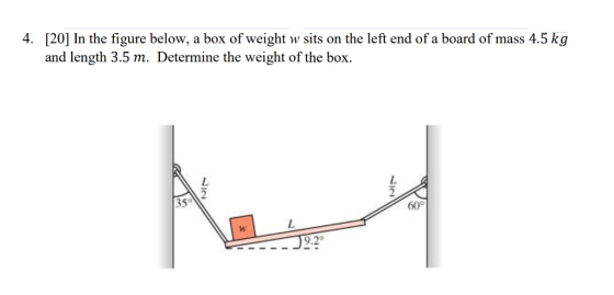 [20] In the figure below, a box of weight w sits on the left end of a board of mass 4.5 kg and length 3.5 m. Determine the weight of the box 4. 2 35 60° W J92