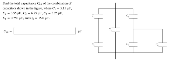 Find the total capacitance Cot of the combination of capacitors shown in the figure, where G-5.15 μF, C2 3.55 uF, C3 6.25 HF, C4-3.25 uF, Crot C2 6