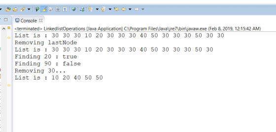 Console X rinated> LinkedlistOperations Java Application] CAProgram Files Java jre7binjavaw.exe (Feb 8, 2019, 12:15:42 AM) Li