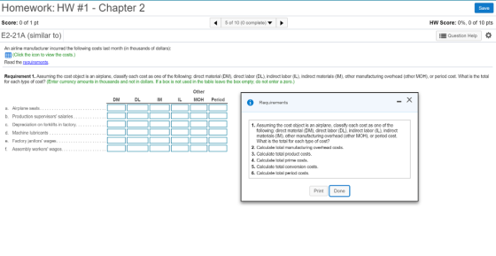 Homework: HW #1 -Chapter 2 Score: 0 of 1 pt E2-21A (similar to) Save 5 of 10 (0 complete) HW Score: 0%, 0 of 10 pts Question Help An airline manufacturer incurred the following costs last month (in thousands of dollars): 囲(Click the icon to view the costs.) Read the requirements. Requirement Assuming the cost oo ect is an arplane, dass each cost as one o the following: direct mate al M direct labor 나 indirect abor IL indirect mate als IM other manufacturing o e head other MOH or period cost. What is the total for each type of cost? (Enter cumency amounts in thousands and not in dollars. If a box is not used in the table leave the box empty: do not enter a zero.) Other DM IM IL MOH Period a. Airplare s b. Production supervisors salaries c. Depxeciation on lorklifls in faclory. d. Machinc lubricants e. Faclory janitors wages f. Assembly workers wages. 1. Assuming the cost object is an airplane, classify each cost as one of the following: direct material (DML direct labor (DL), indirect labor (L), indirect materials (IM), other manufacturing overhead (other MOH) or period oost hat is the total for each type of cost? 2. Calculale lolal manufacturing overhead cosls. 3. Calculate total product costs. 4. Caloulate tolal prime costs 5. Calculato total conversion costs. 6. Calculate total period costs. Print Done