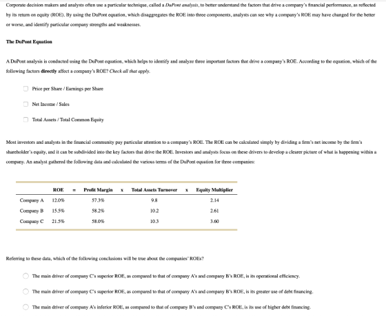Corporate decision makers and analysts often use a particular technique, called a DuPont analysis, to better understand the f