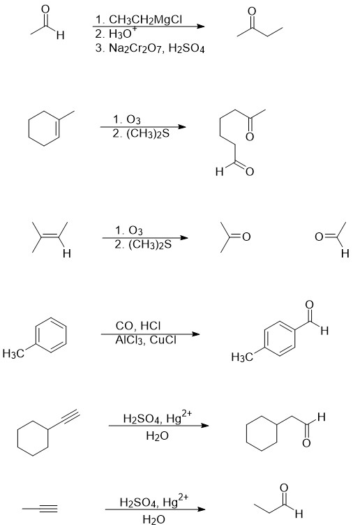1. CH3CH2MgCI 2. H30* 3. Na2Cr207, H2SO4 1. O3 2. (CH3)2S 1. 03 2. (CH3)2S CO, HCI AlCl3, Cuci H3C H3c1 H2SO4, Hg2+ H20 on th
