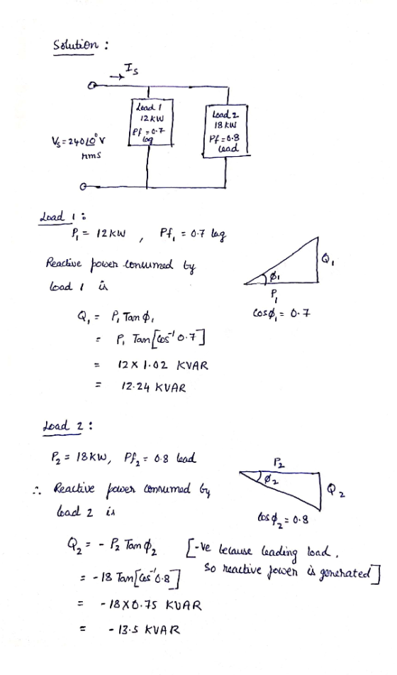 Solution : I lead 1 12 kW Load 2 18 kW PF - 6-7 10 PF -6.8 Vs=24010v hms dمفا | Load : P = 12 kw , Pf, = 0.7 lag Reactive po