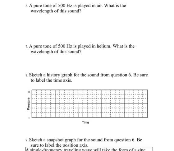 6. A pure tone of 500 Hz is played in air. What is the wavelength of this sound? 7. A pure tone of 500 Hz is played in helium. What is the wavelength of this sound? 8. Sketch a history graph for the sound from question 6. Be sure to label the time axis Time 9. Sketch a snapshot graph for the sound from question 6. Be A sinole-frenlencv travelinƠ WAW) Will take the form of a cine