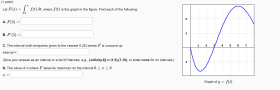 (1 point) Let F(x) = [” f(e) dt, where f(t) is the graph in the figure. Find each of the following: A. F(3) = B. F(5) = C. T