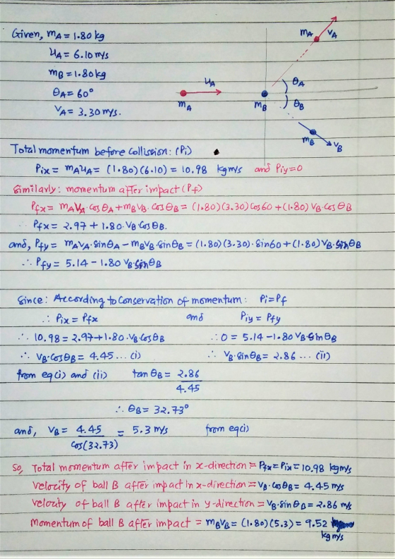 Given, mA 1.80 g M4 6.lo s mg 1.80kg er= 60° Ya= 3.30 rys. 8A Total mamentum be-fone Collsion: P fix-malas(1.80)(6-10)= lo. 9