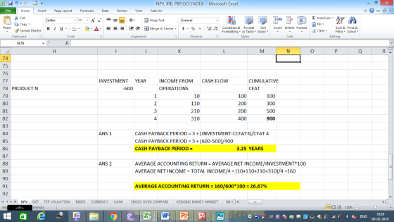 NPV, IRR, PBP,OCF,INDEX Microsoft Excel Home nert Page Layout Formulas Data Review View dd-Ins Cut Σ AutoSum ー E ゴWrap Text