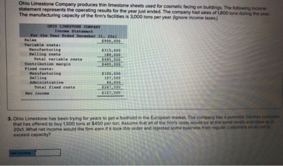 Ohio Limestone Company produces thin limestone sheets used for cosmetic facing on buildings. The following income statement r