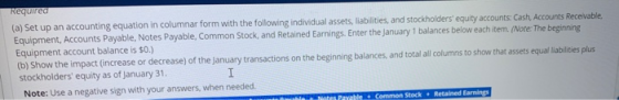 Required (a) Set up an accounting equation in columnar form with the following individual assets, liabilities, and stockholde