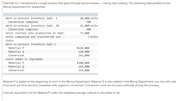 Talamoto Co. manufactures a single product that goes through two processes – mixing and cooking. The following data pertains