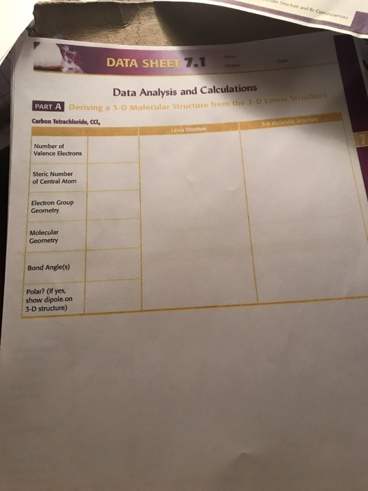 DATA SHEET 7.1 cm Data Analysis and Calculations PART A Deriving a 3-D Molecular structu Deriving a 3-D Molecular Structure f